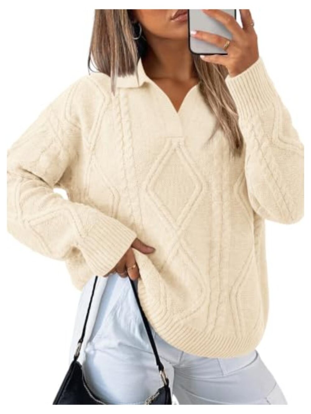 Cable Knit Lapel Collar V-Neck Oversized Pullover Sweater Fall Winter